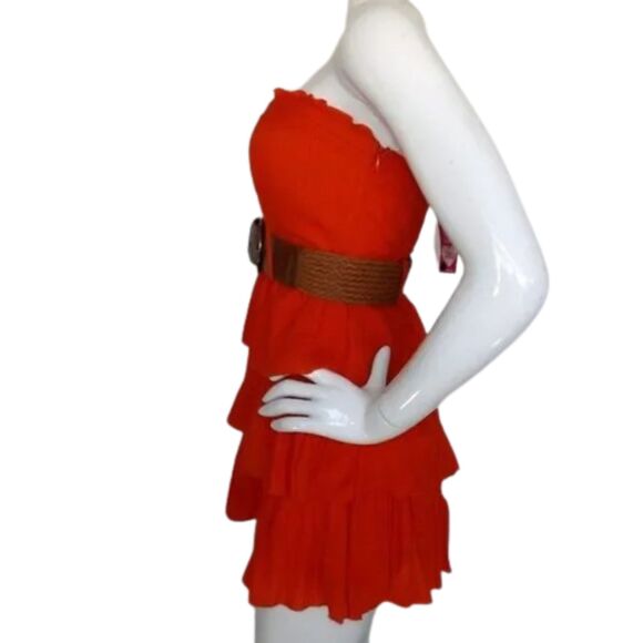 new 2B BEBE Mini Dress, S, Orange, Belt, Strapless, Ruffle/Tier Skirt, Side Zip - Picture 8 of 15
